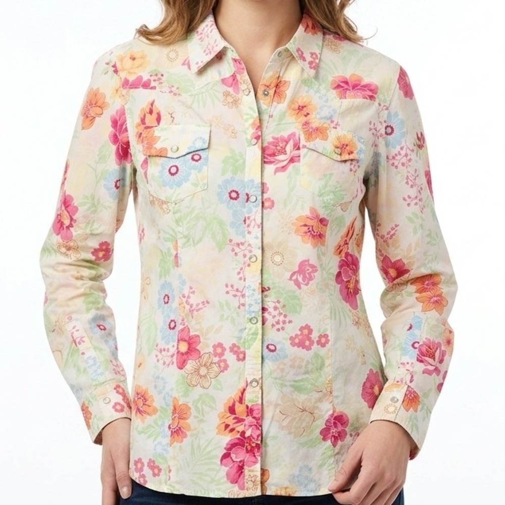 IZOD Pearl Snap Shirt Womens XL Multicolor Floral Roll Tab Cotton Blouse